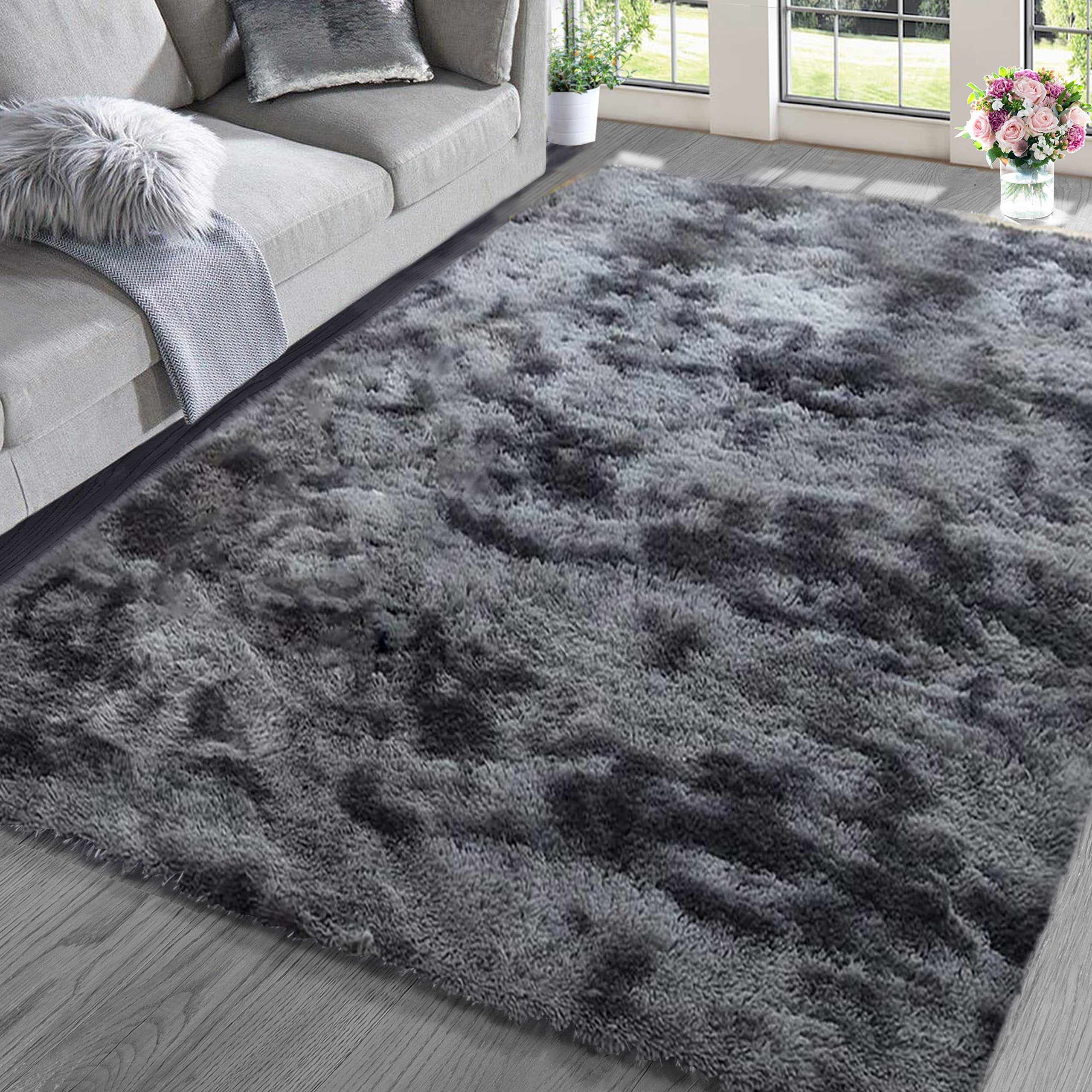 ASIinnsy Area Rugs Soft Fluffy Shaggy Rugs Living Room Grey Large Modern Plush Rug High Pile Non-Slip Bedroom Carpet Floor Mat Nursery Bedside Rug (Black Grey, 120 x 160 cm)