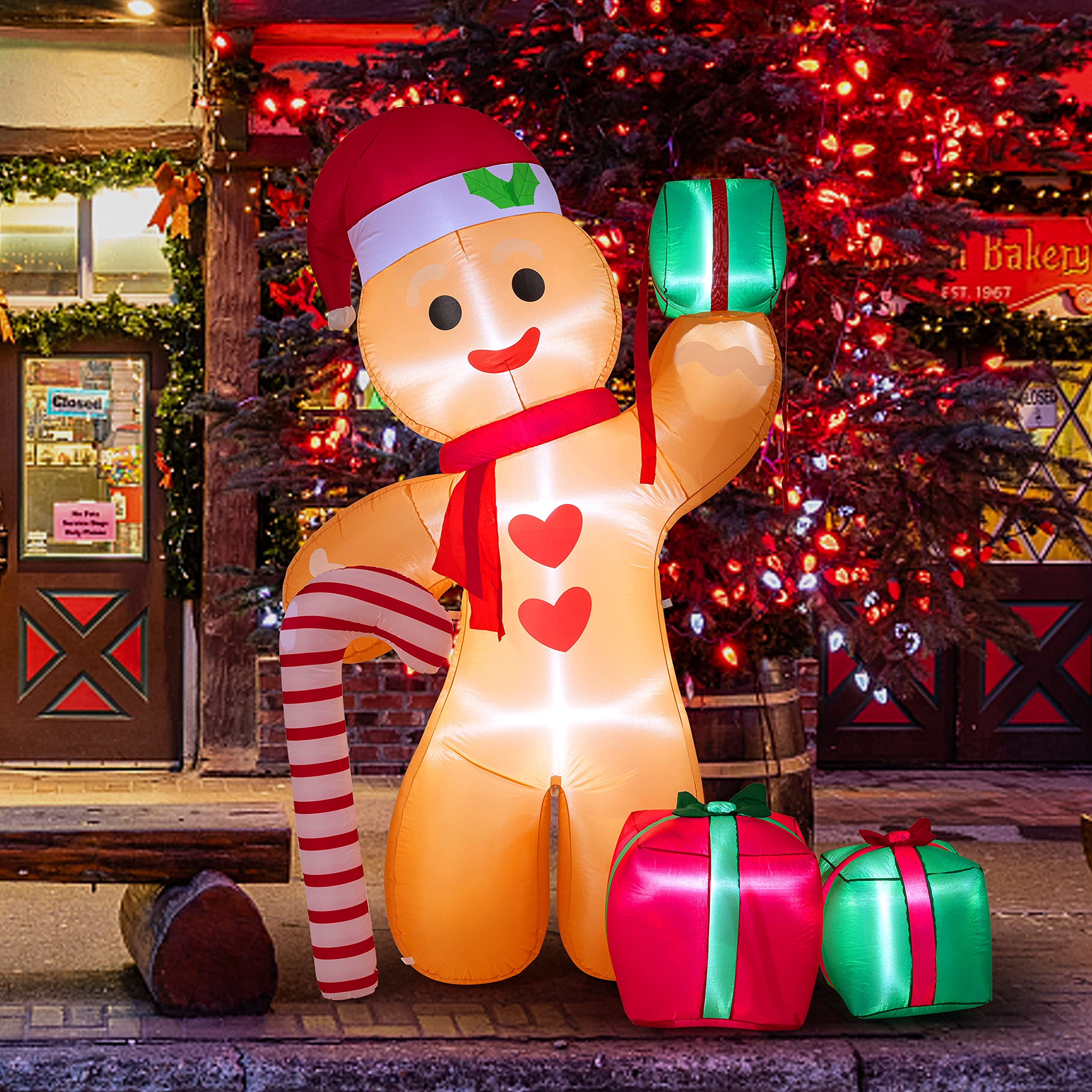 Photo 1 of Peyton 8FT Inflatable Gingerbread Man with Candy Cane and Three Gift Boxes,LED Lighted Christmas Decoration Indoor and Outdoor.