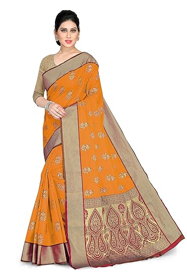 Womens Silk Blend Traditional Woven Sari With Contrast Border Having Rich Pallu & Blouse