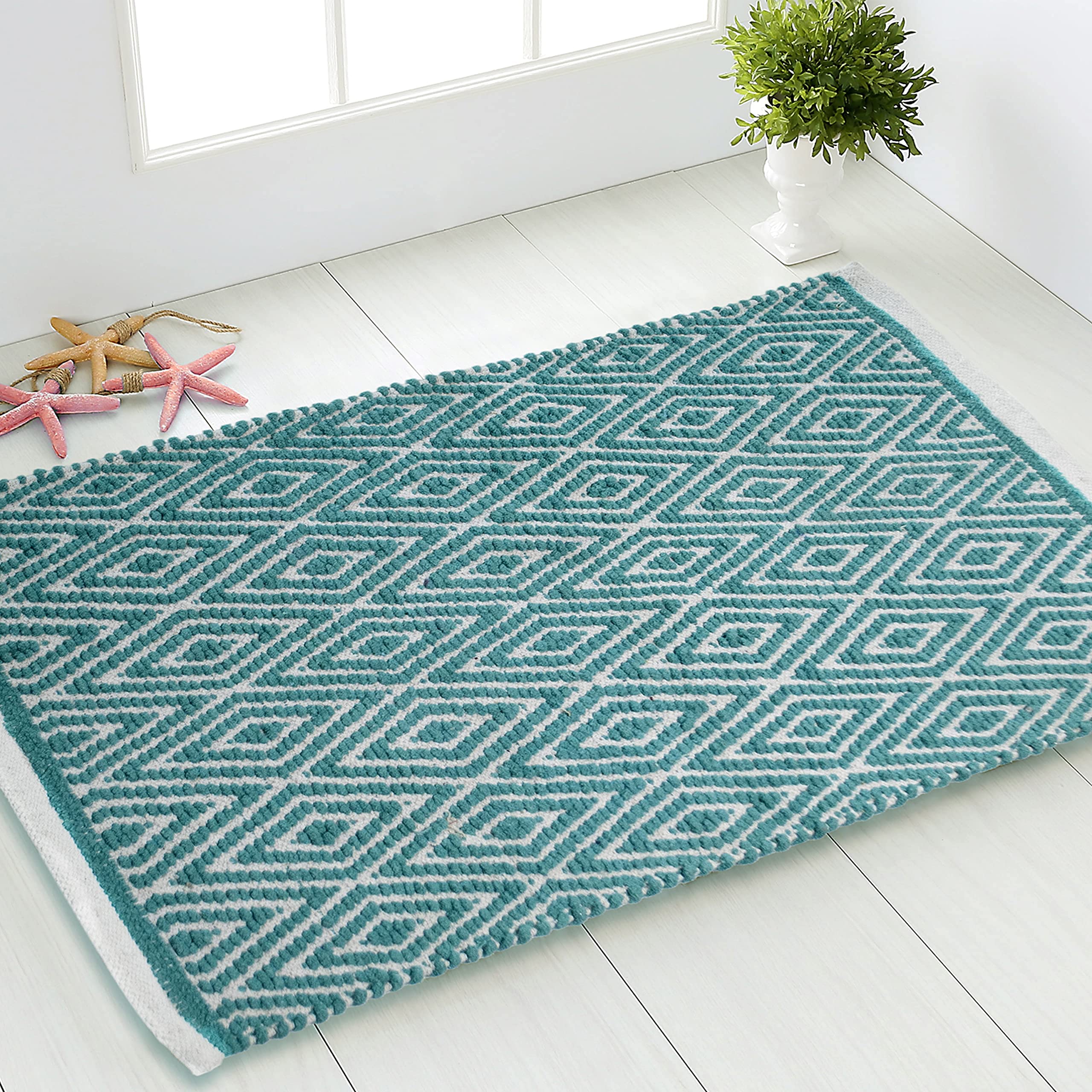 Chardin home100% Cotton Diamond Rug Fully Reversible, Mat Size - 21''x34'', Machine Washable, Turquoise Blue & White