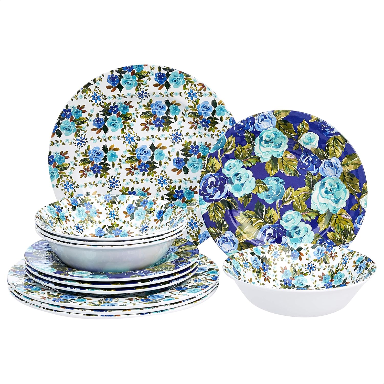 Amazon Basics 12-Piece Melamine Dinnerware Set - Service for 4, Blue Rose Garden