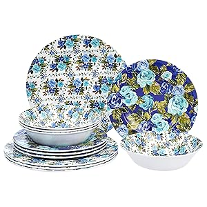 Amazon Basics 12-Piece Melamine Dinnerware Set - Service for 4, Blue Rose Garden