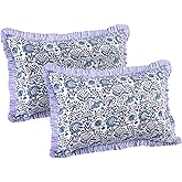 CPC Indigo Blue 100% Cotton Block Print Ruffle Sham Cover 20X30 inch Pack of 2, Handmade Boho Floral Pillowcase, Soft Decorative Queen Bed Pillow Cover for Bedroom Décor