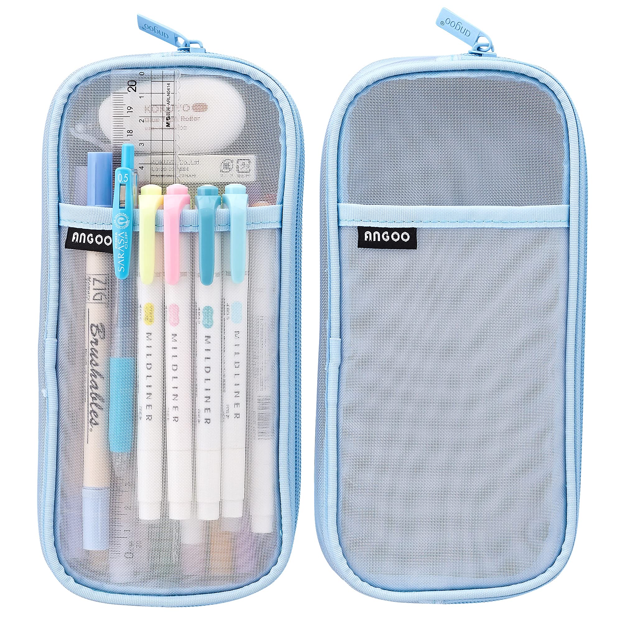MAMUNU Clear Pencil Case for Exams, Transparent Mesh Exam Pencil Case with Compartments for Girls Boys, Big Pencil Pen Pouch Bag Stationery Storage Organizer for School Office College Students, Blue