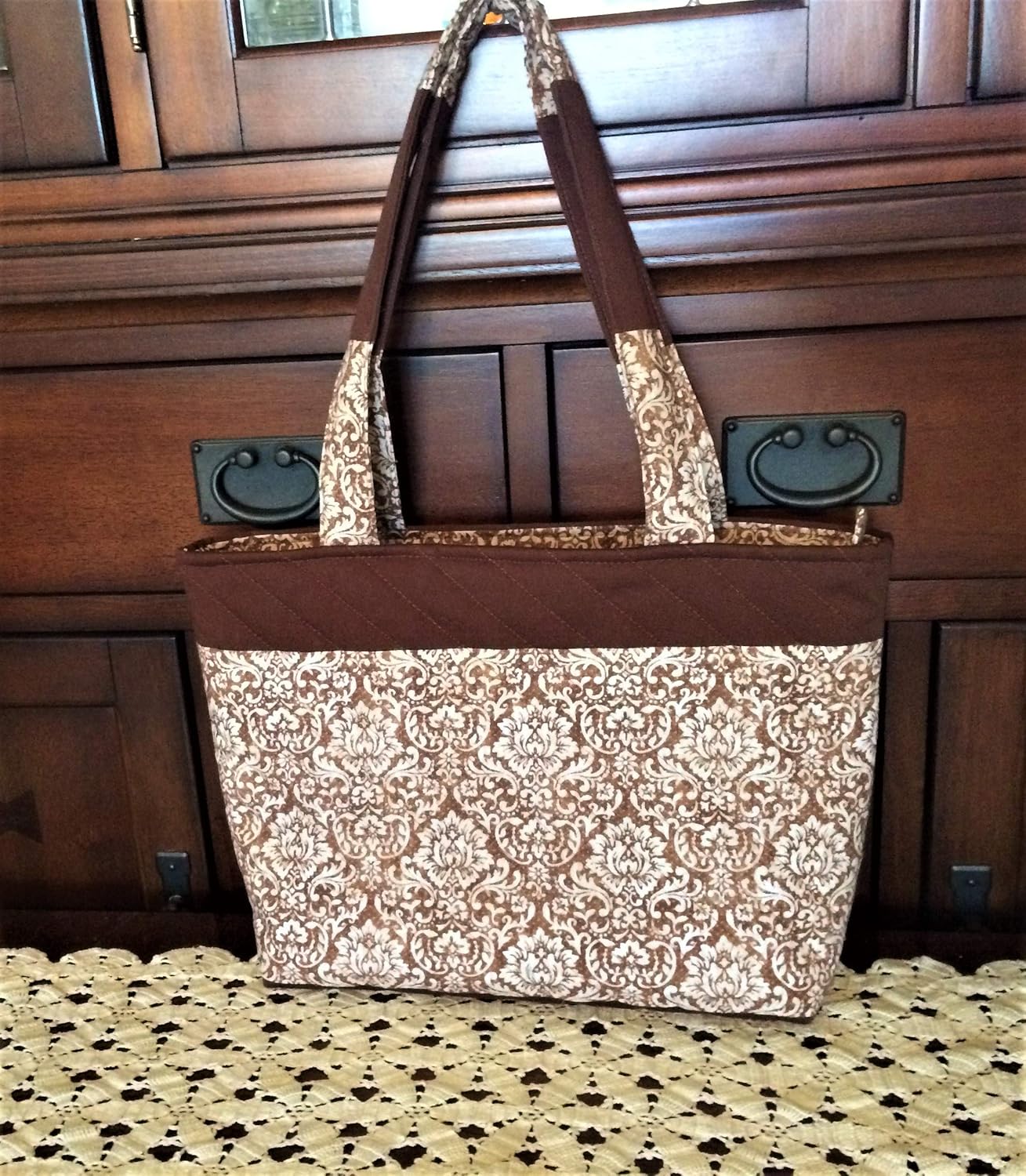 Handmade Quilted Brown Floral Tote Bag with Zip Closure