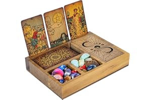 Curawood Tarot Card Holder Box for More Immersive Readings - 3 Tarot Card Stand & Crystal Holder - Moon Phase Design Tarot Di