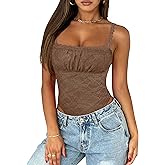 Saslax Women's Sexy Square Neck Lace Sleeveless Bodysuit Tank Tops Double Lined Body Suit Thong Outfits
