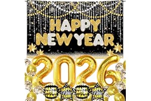KatchOn, Huge New Years Decorations 2026 Set - Pack of 44 | Gold and Black Happy New Year Banner, 2026 Balloon Numbers | New Years Balloons for NYE Decorations, New Years Eve Party Supplies 2026