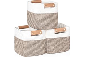 danpinera 11 Inch Storage Baskets, Woven Baskets for Organizing, 3 Pack, Storage Baskets for Shelves, Closet, Nursery with Removable Leather Handles, White & Mixed Brown