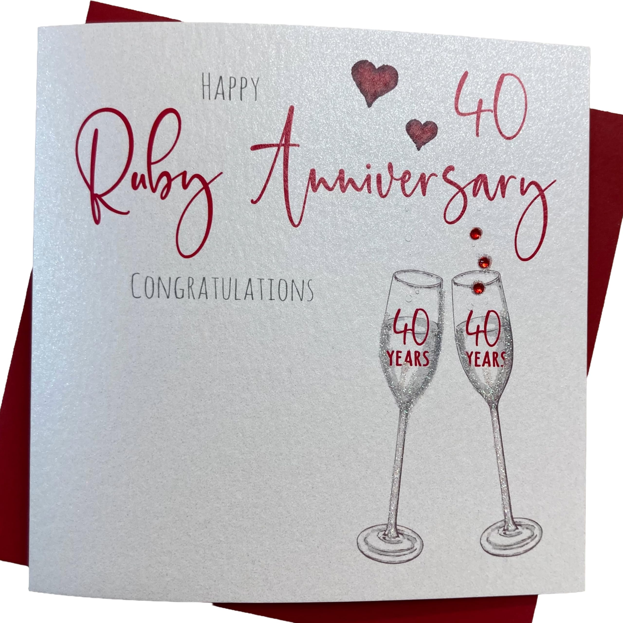 WHITE COTTON CARDS 40th Ruby Anniversary Congratulations Handmade Card Champagne Flutes, DS40,16cm x 16cm