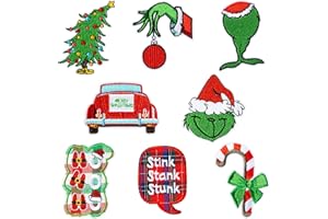 Kirako 8 Pcs Green Christmas Monster Embroidered Patches Sew on Iron on Applique Repair Patch Xmas DIY Crafts Projects Accessories for Clothing Jacket Jeans Pants Dress Backpack Hat Decorations Gifts