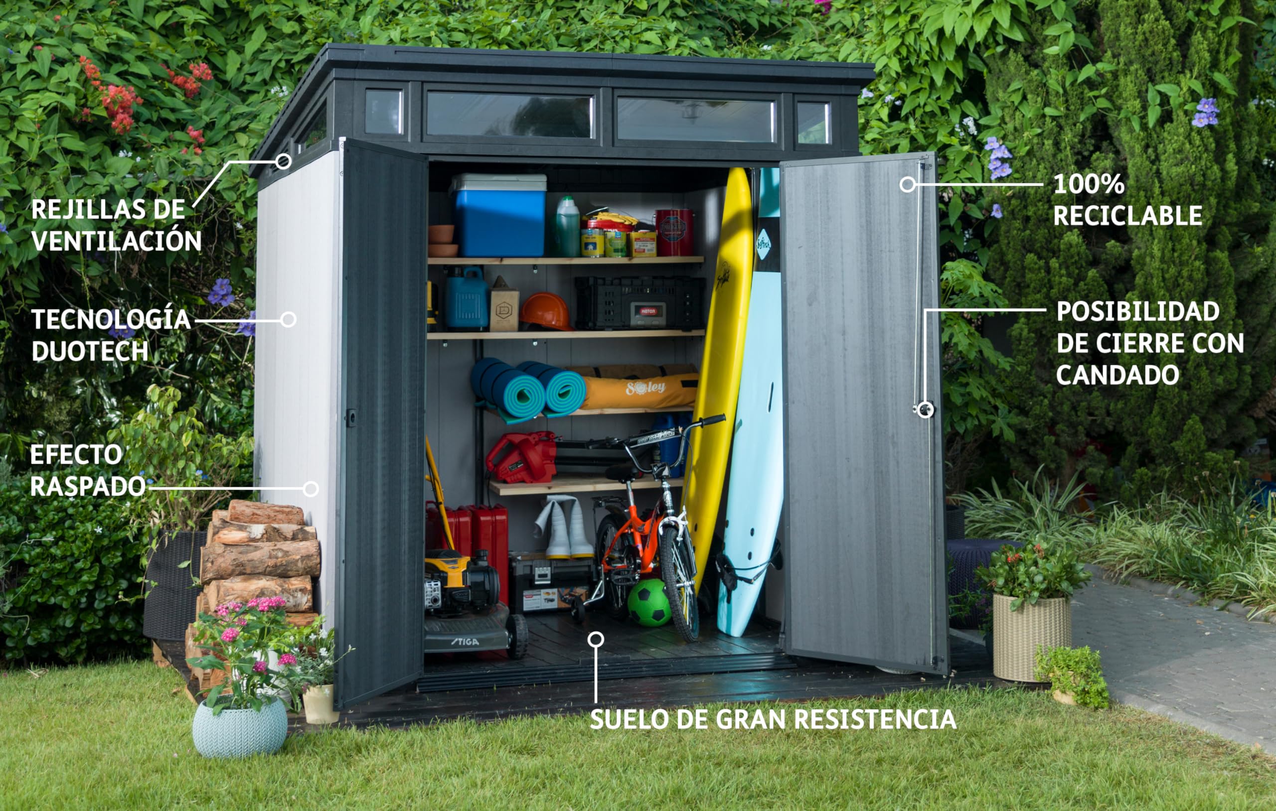 Keter Artisan 7x7 Gerätehaus – Wetterfestes Gartenhaus mit Boden, Pultdach, Doppeltüren & Fenster, Ideal für Outdoor-Aufbewahrung, 214x218x226cm, 8,3 m³, grau 2