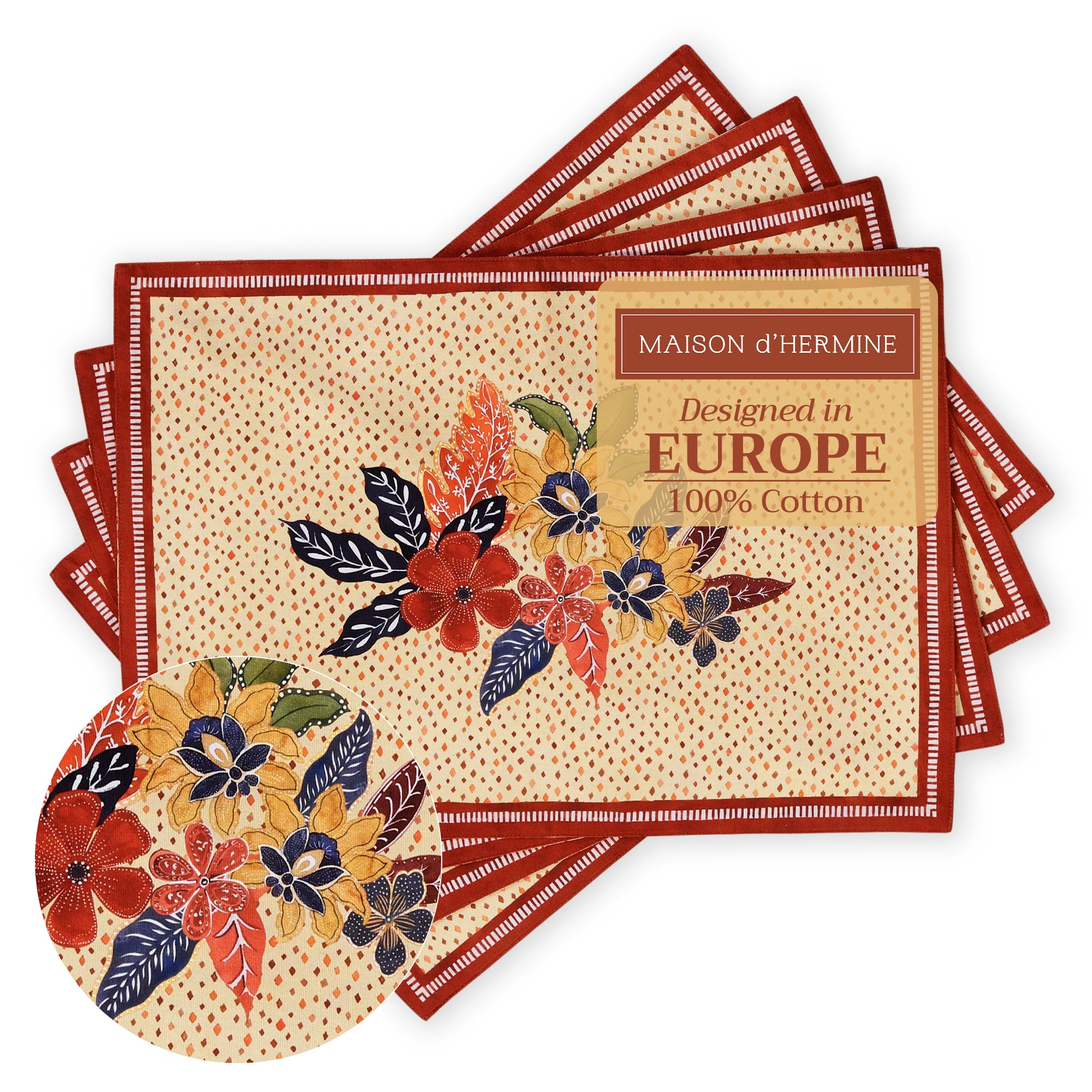 Maison d' Hermine Placemats Set of 4 100% Cotton Washable Cloth Place Mats, Reusable Table Mats for Christmas Decorations Kitchen Dining Party Wedding Restaurant (Kalahari, 33 CM x 48 CM)