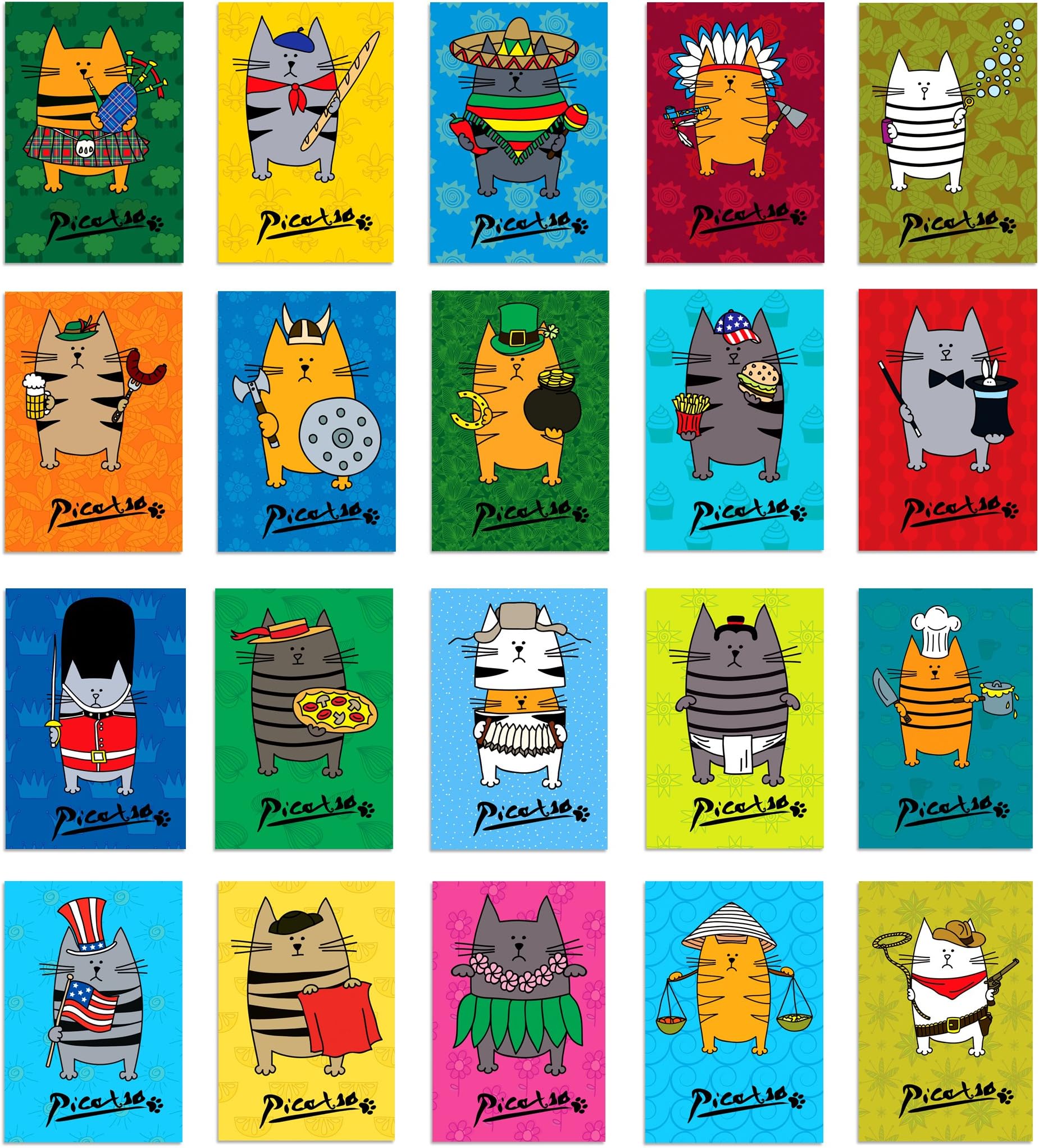 PICATSO postcard set of 20. Post card variety pack with funny fat cat theme postcards. Made in USA.