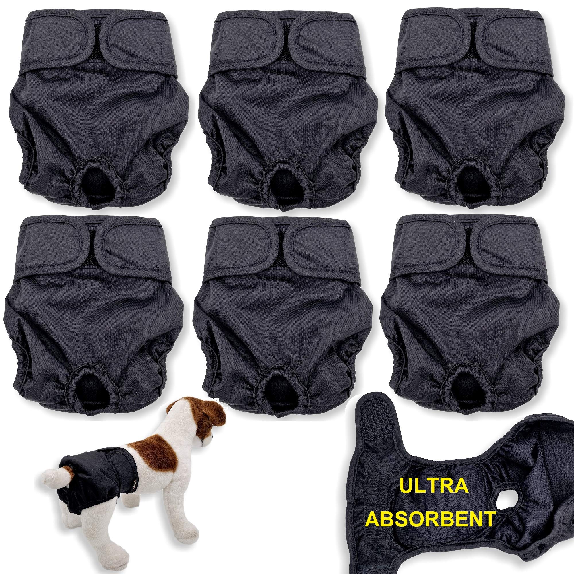 Pack of 3 or 6 Female Dog Diapers with 4 - Layers of Absorbent Pads Cat Panties Waterproof Leak Proof Washable (S: Waist 12" - 16", Pack of 6 Black)