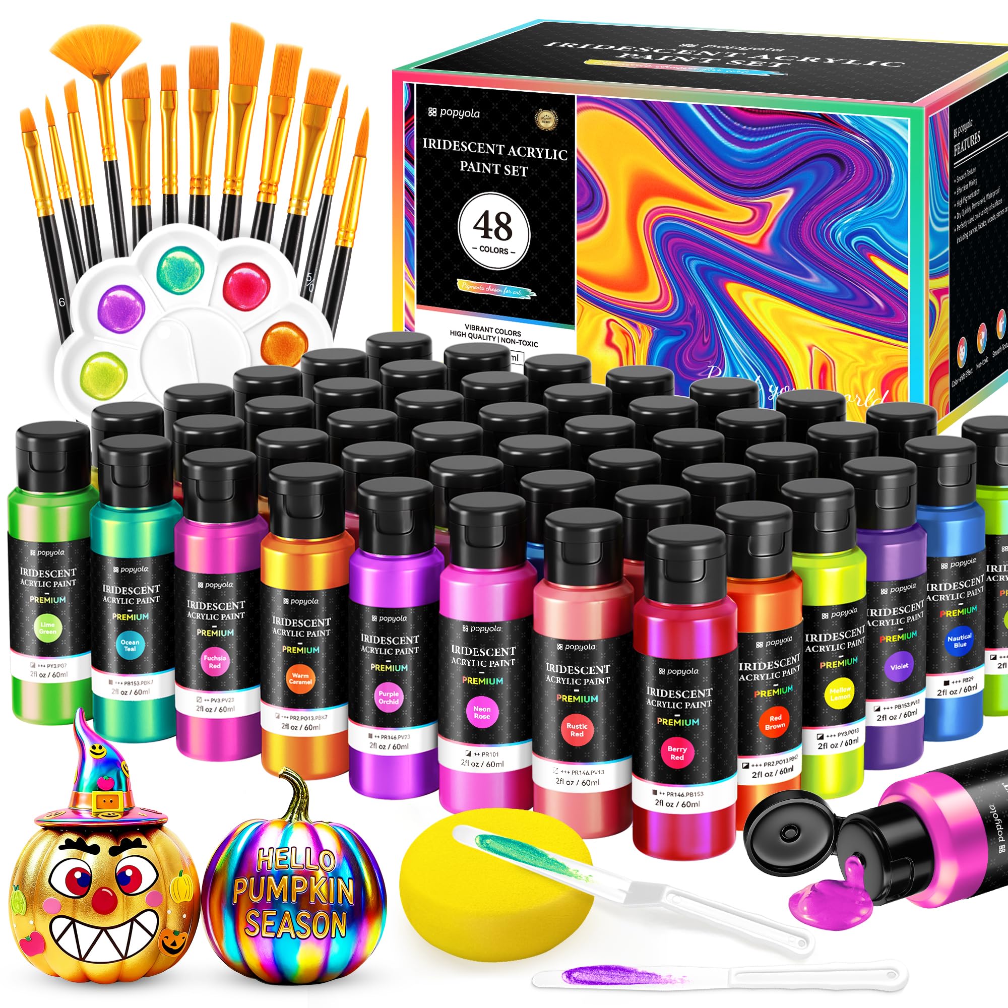Photo 1 of 64 PCS Iridescent Acrylic Paint Set with 12 Brushes, 2 Knives & Palette, 48 Colors (2oz/60ml) Art Craft Paint for Adults Kids Artists Beginners, Halloween Pumpkin Canvas Ceramic Rock Painting Kit