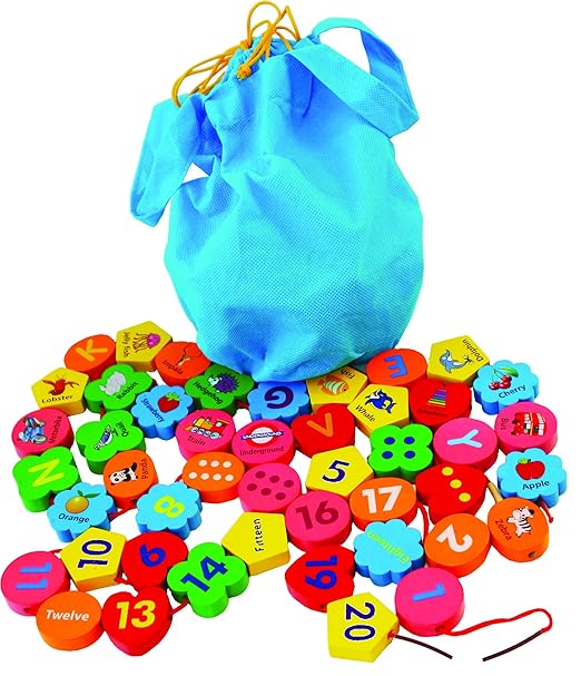Wooden Threading Beads Alphabet Blocks and Number Blocks 46 pieces threading toy wooden