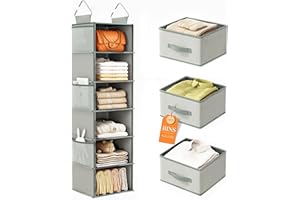 Z&L HOUSE 6 Tier Hanging Closet Organizer, Collapsible Thicken Hanging Shelves, with 3 Side Pockets and 3 Removable Drawers, Suitable for Bedroom Closet Clothing Storage Grey