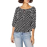 Star Vixen Women's Petite 3/4 Sleeve Tieneck Elasticized Peasant Top, Black Dot, PS