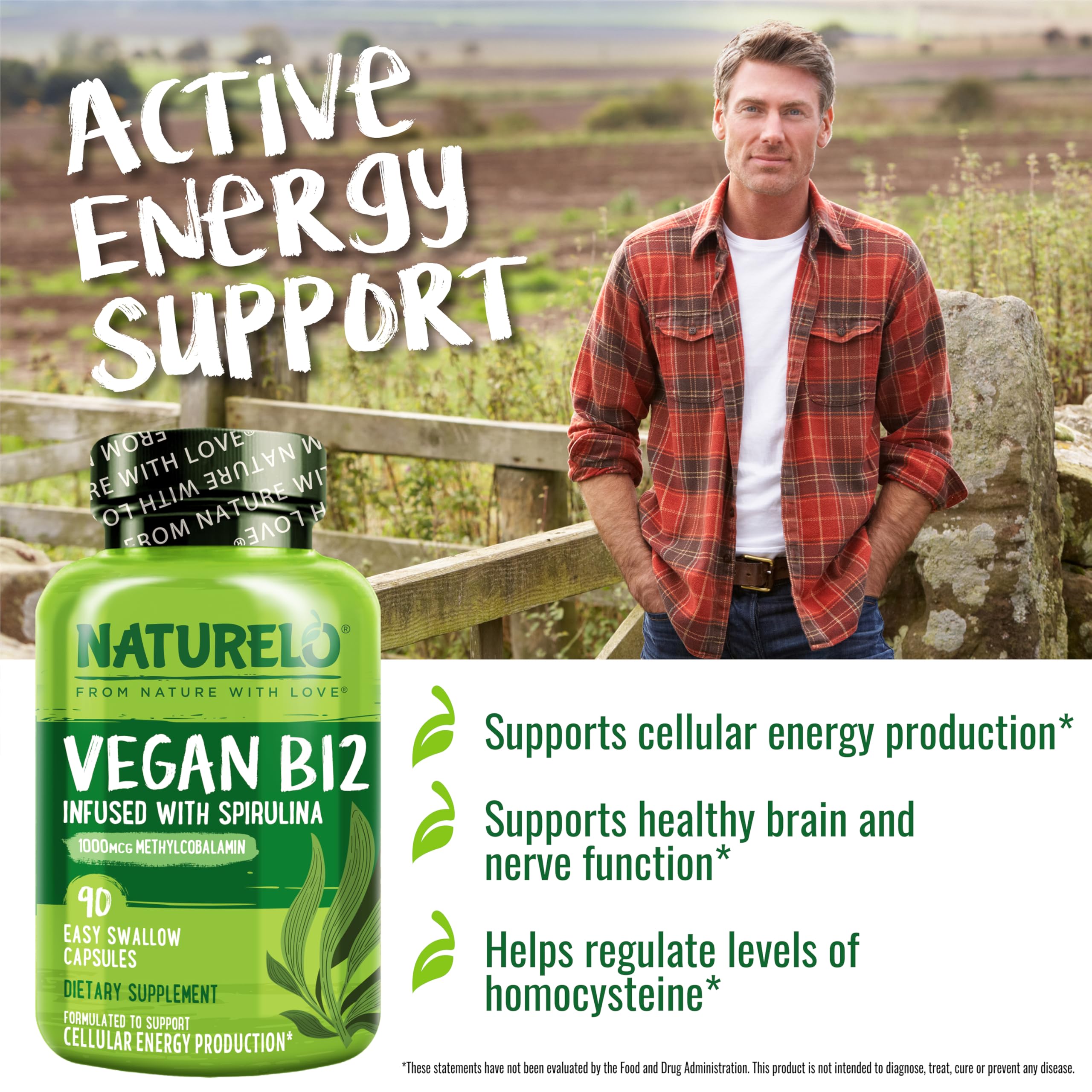 NATURELO Vegan B12 - Methyl B12 with Organic Spirulina - High Potency Vitamin B12 1000 mcg Methylcobalamin - Supports Healthy Mood, Energy, Heart & Eye Health - 90 Capsules