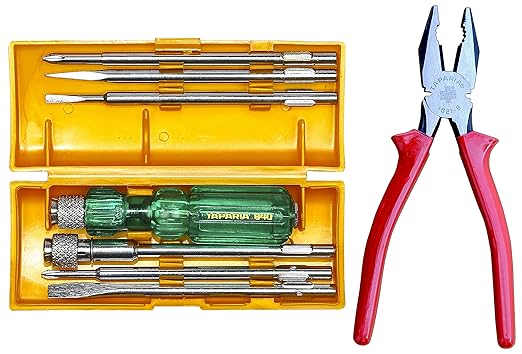 Taparia 840 Screw Driver Set with Neon Bulb (Silver and Green) + Taparia Insulated Lineman Combination Cutting Plier