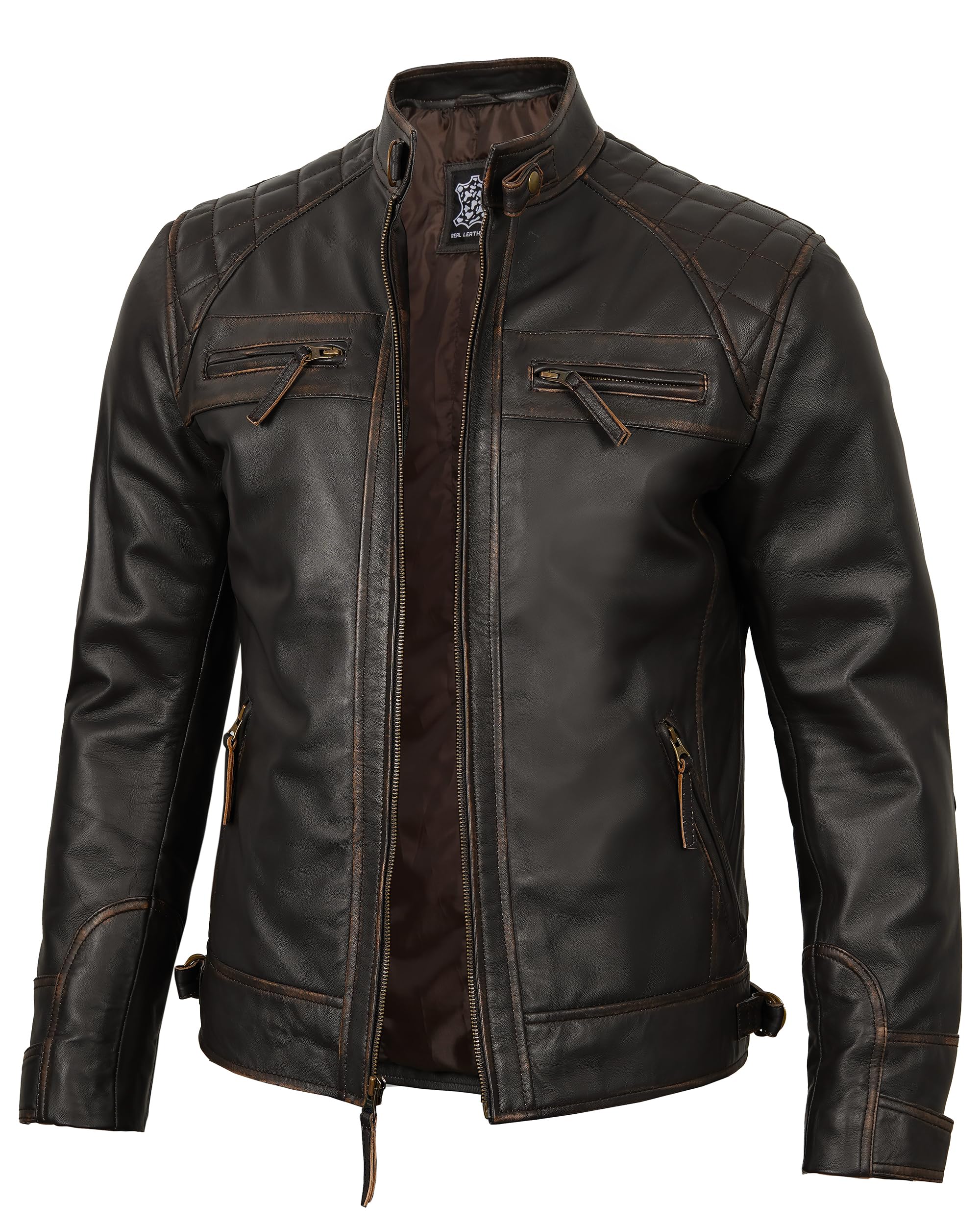 Photo 1 of fjackets Real Lambskin Leather Biker Jacket — Quilted Cafe Racer Zip Up Moto Jacket Men Tall | [1118744] Johnson Ruboff, L