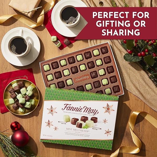 FANNIE MAY, PREMIUM MILK CHOCOLATE, MINT MELTAWAYS, HOLIDAY GIFT BOX, 14 OZ