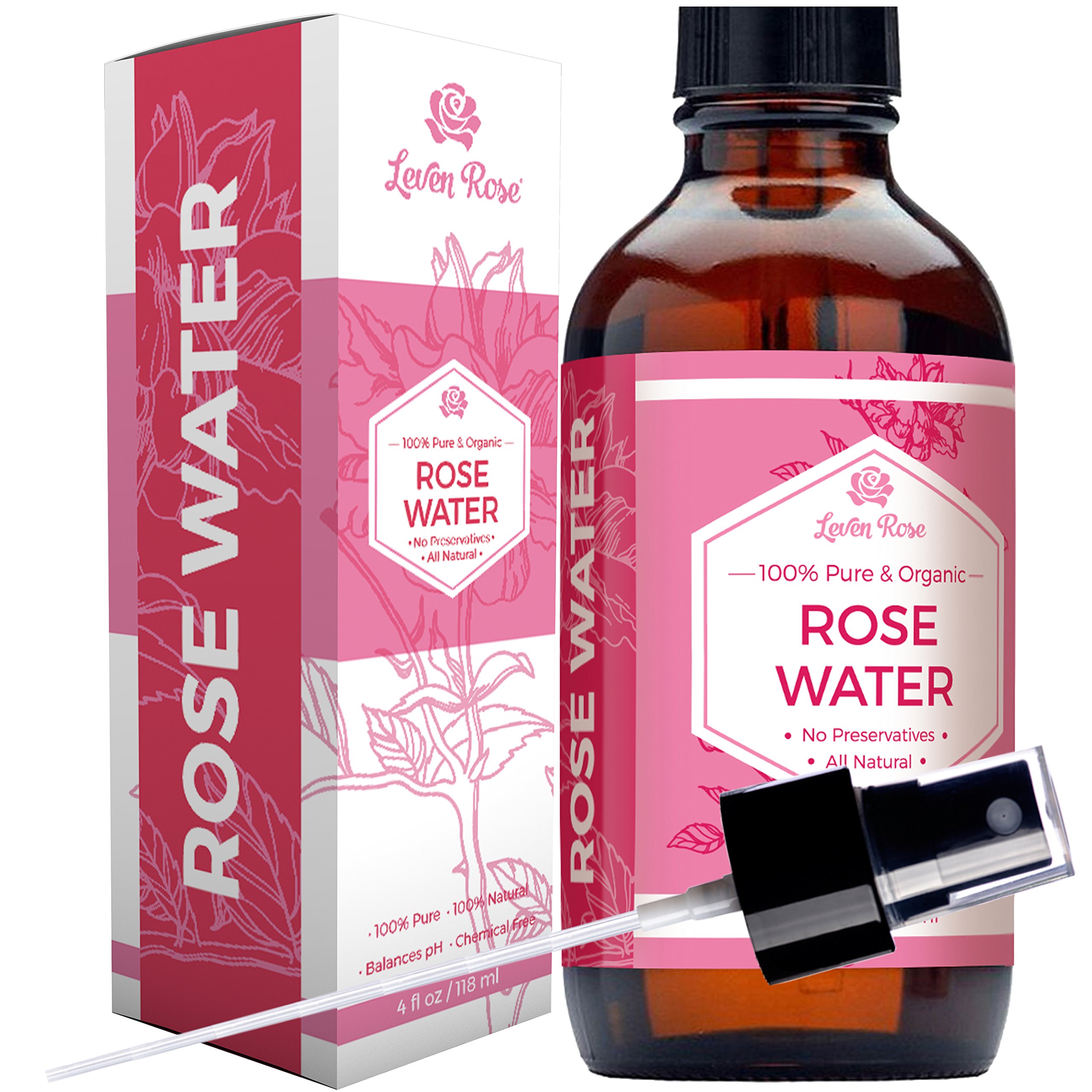 Rose Water Facial Toner by Leven Rose, 100 Pure Organic Natural