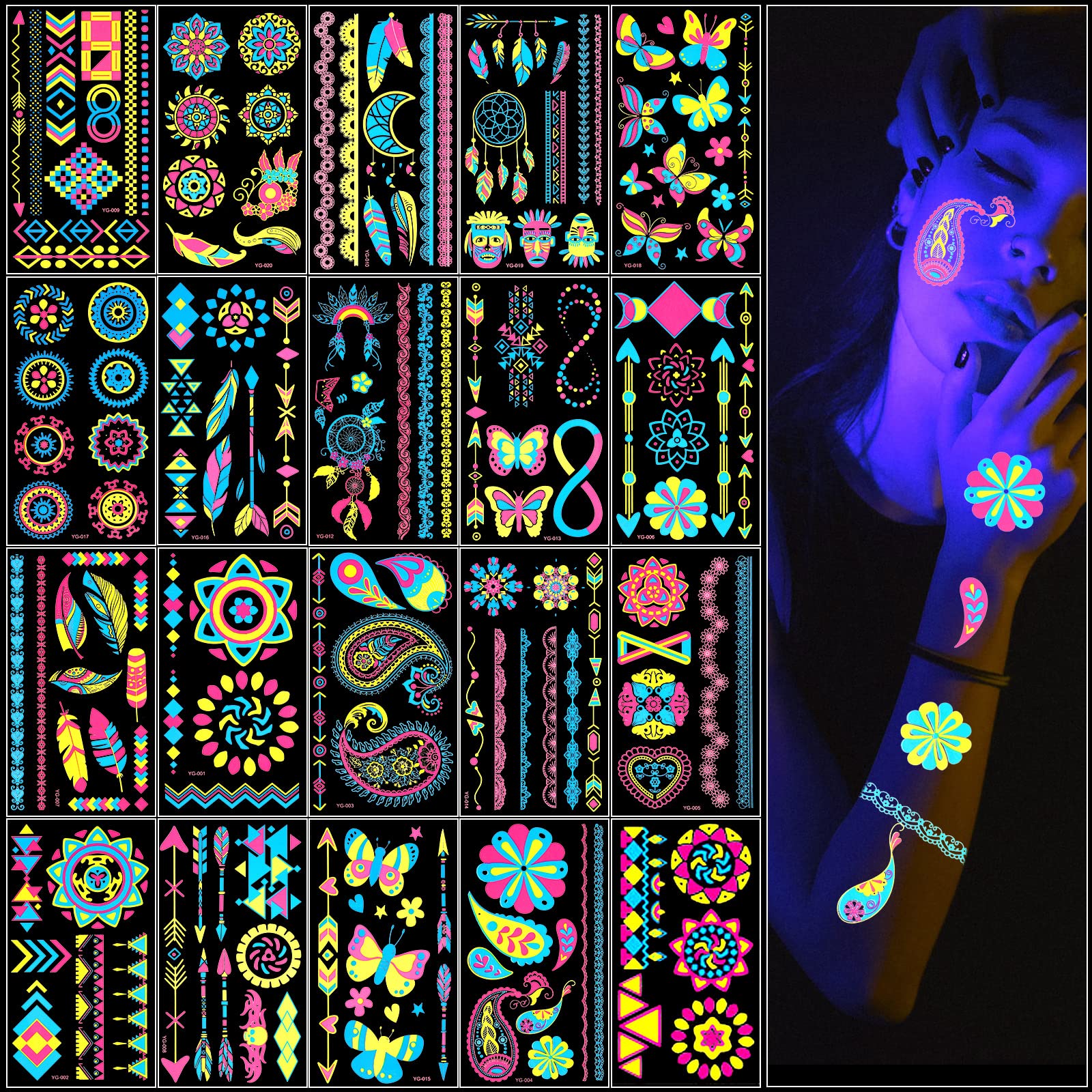 ACWOO Neon Temporary Tattoos, 20PCS 200+ Multiple Designs Glow in the Dark Fake Waterproof Tattoo Stickers Rave Festival Accessories for Women Girls Party Supplies
