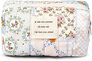Sminra Floral Makeup Bag Small Cotton Quilted Cosmetic Bag Organizer, Aesthetic Cottagecore Preppy Portable Pouch Purse Toiletry Bag for Women Girls Travel accessories (Blue Floral-S)
