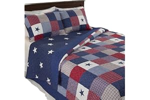 Lavish Home 2-Piece Caroline Patriotic Quilt Set – Microfiber Americana Stars and Plaid Patchwork Blanket Bed Set with Sham – Home Bedding (Twin)