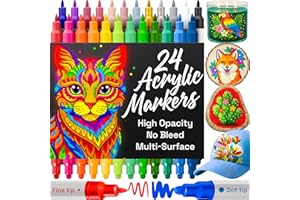 ARTISTRO 24 Acrylic Paint Markers for Rock, Fabric, Wood, Glass, Eggs - Dual-Tip Paint Pens for Coloring Books for Adults, Te