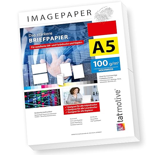 TATMOTIVE Imagepaper 100g/qm A5, das stärkere Briefpapier, brillante Drucke für alle Drucker, 500 Blatt - weiß
