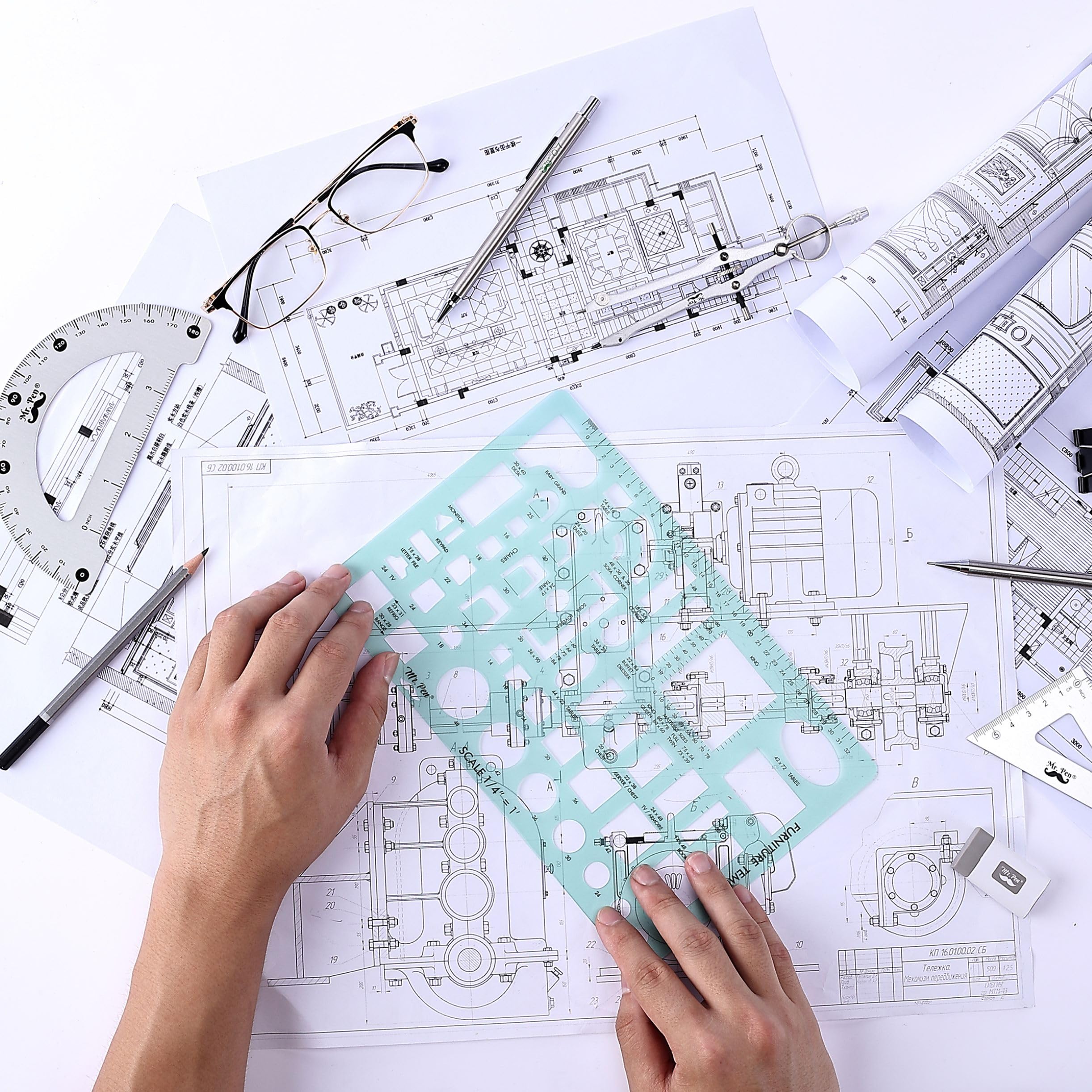 Mr. Pen- House Plan, 3 Pack, Green, Interior Design and Furniture Templates, Drafting Tools and Ruler Shapes for Architecture, Drafting Tools, Architecture Supplies, Drafting Templates