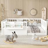 GDFStudio Full Floor Bed with Fence and Bookshelf, Solid Wood Montessori Floor Bed Frame with Storage Shelves, Low Profile Platform Bed with Guardrails, No Box Spring Needed, White