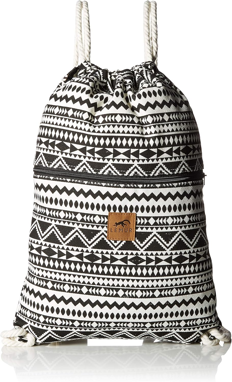 LEMUR Bags - Durable Canvas Drawstring Backpack with Secure Zippered Pocket (Aztec Tribal)