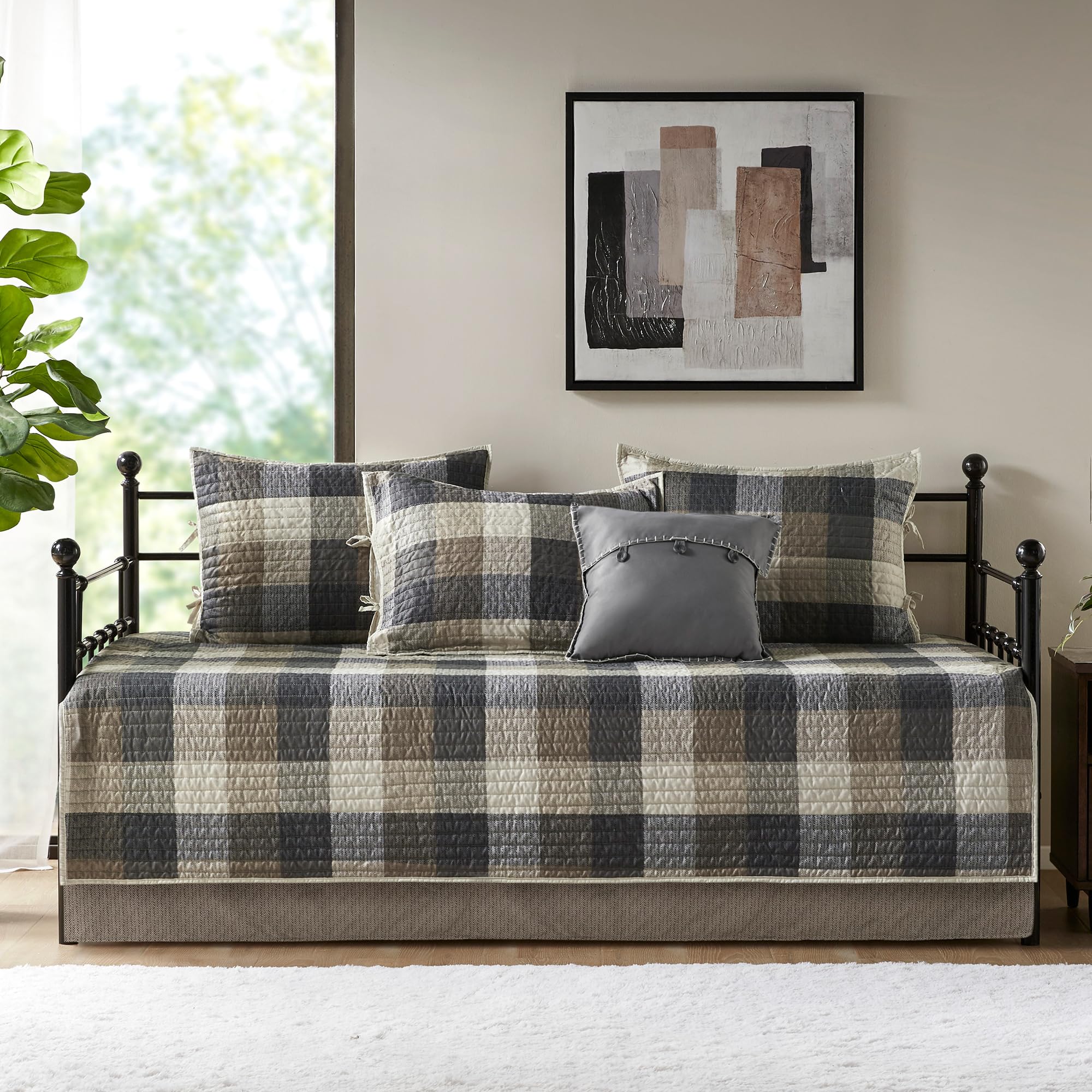 Madison Park Ridge Daybed Cover Set - Cabin Lodge Plaid Herringbone Print Reversible Design, All Season Luxury Bedding with Bedskirt, Matching Shams, Decorative Pillow, 39"x75", Neutral 6 Piece Image