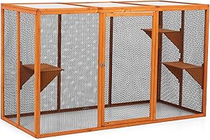 COZIVVOVV Wooden Cat House, Catio Outdoor Cat Enclosure, Large Cat Cage with 3 Platforms, Door and Asphalt Roof, Kitty Condo Indoor Playpen (Orange-New, Large)