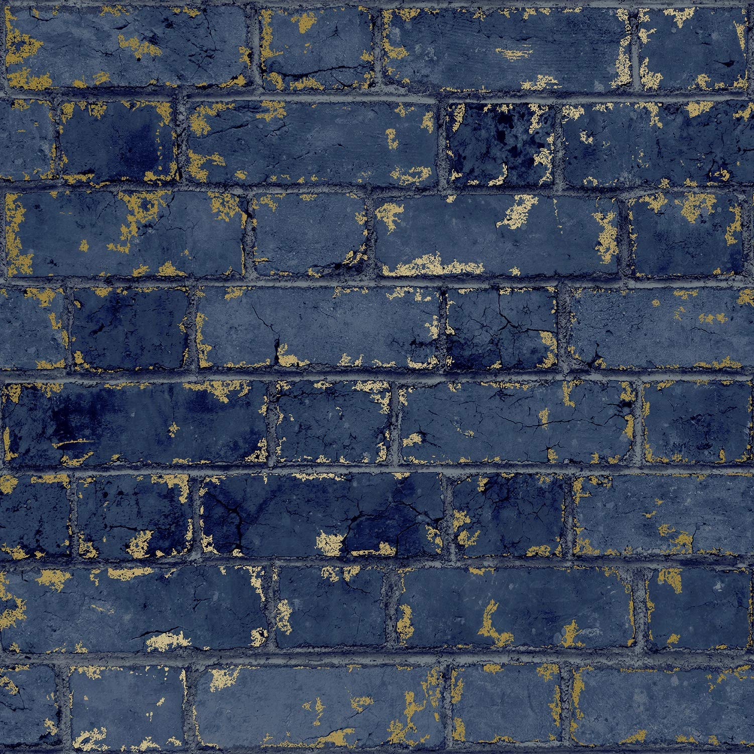 Muriva 3D Effect Navy Blue Gold Metallic Brick Wallpaper Stone Industrial