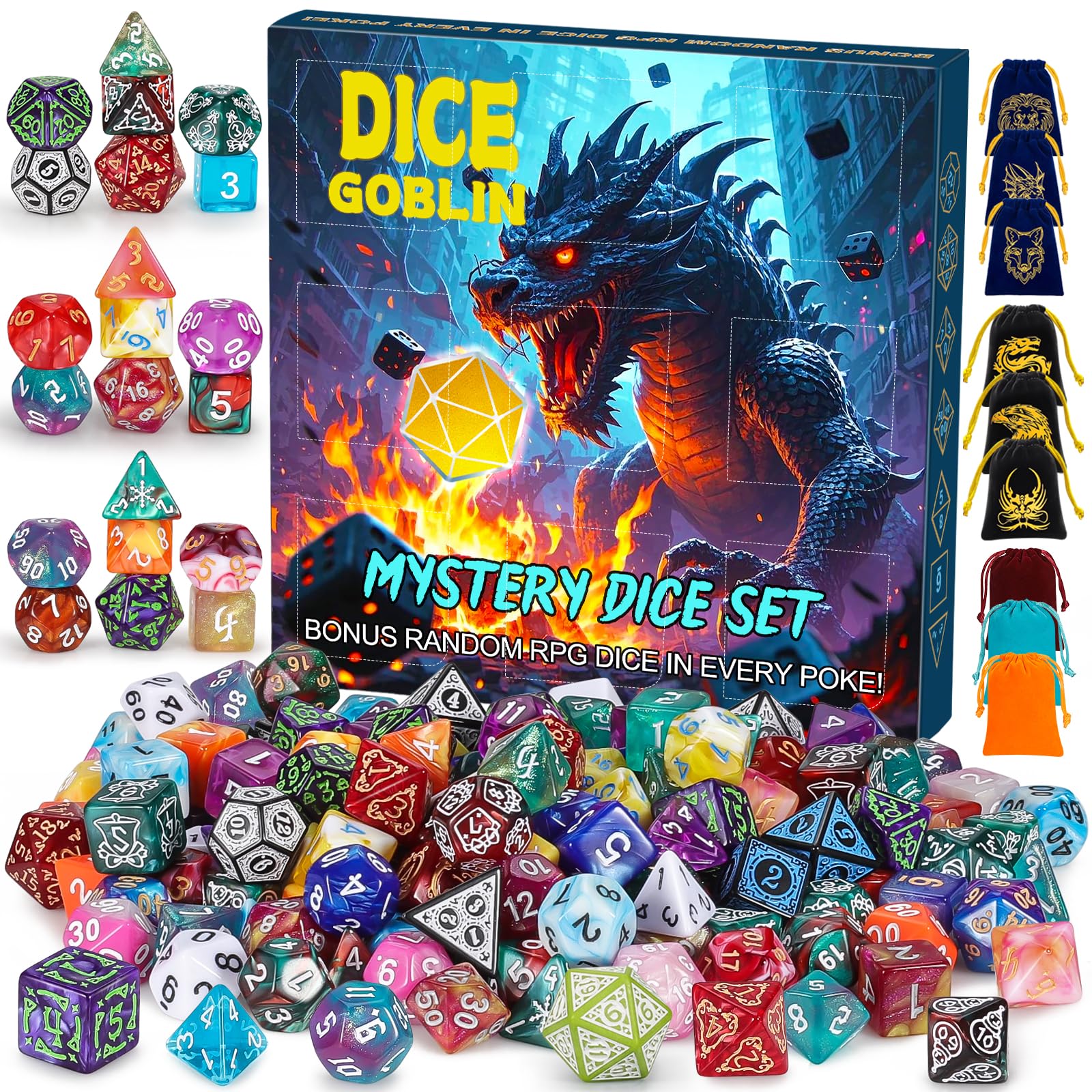 QMAY Mystery Dice, 9 Polyhedral Dice Sets, Random Style, For Dungeon and Dragons MTG Table Games RPG DND D20 D12 D10 D% D8 D6 D4 — image 1