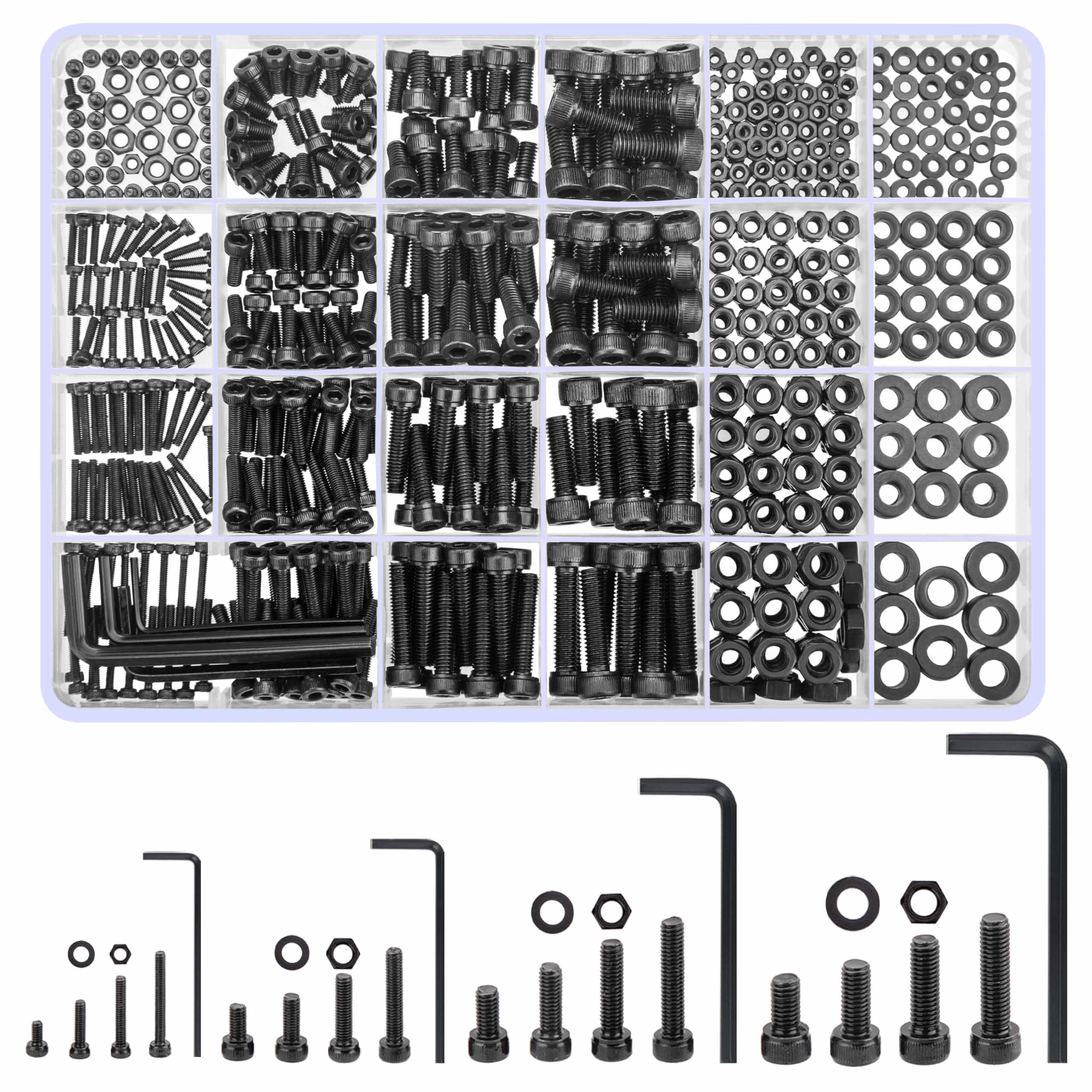 woshilaoDS 1230 Pcs M2 M3 M4 M5 Bolts and Nuts Set, Hex Socket Head Cap Screws Bolts and Nuts and Washers Set, 12.9 Grade Carbon Steel Black Machine Screws Assortment Kit for Home Bicycle Repair