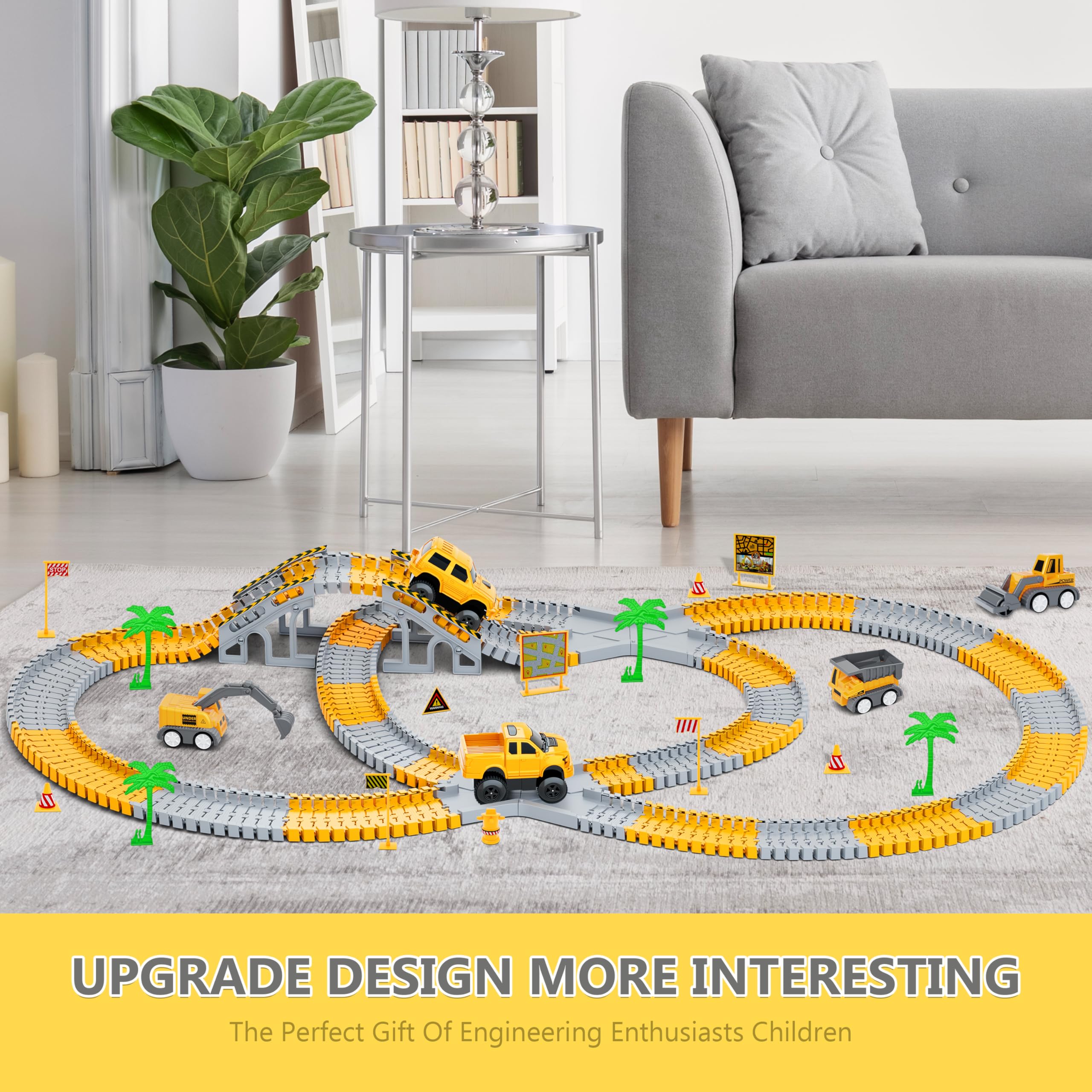 Kids Toys 253 PCS Construction Race Tracks Toy for 3 4 5 6 7 8 Year Old Boys Girls, 5 PCS Construction Truck Car and Flexible Track Play Set Create A Engineering Road Games Toddler Toys Birthday Gifts