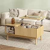 LYNSOM Wood Lift Top Coffee Table with Storage,Rising Coffee Tables with Hidden Compartment and Large Storage Shelf, Fluted Center Table for Living Room Office, Oak