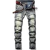 XIMXIMMTIAN Men's Biker Moto Washed Distressed Slim Fit Straight Jeans Denim