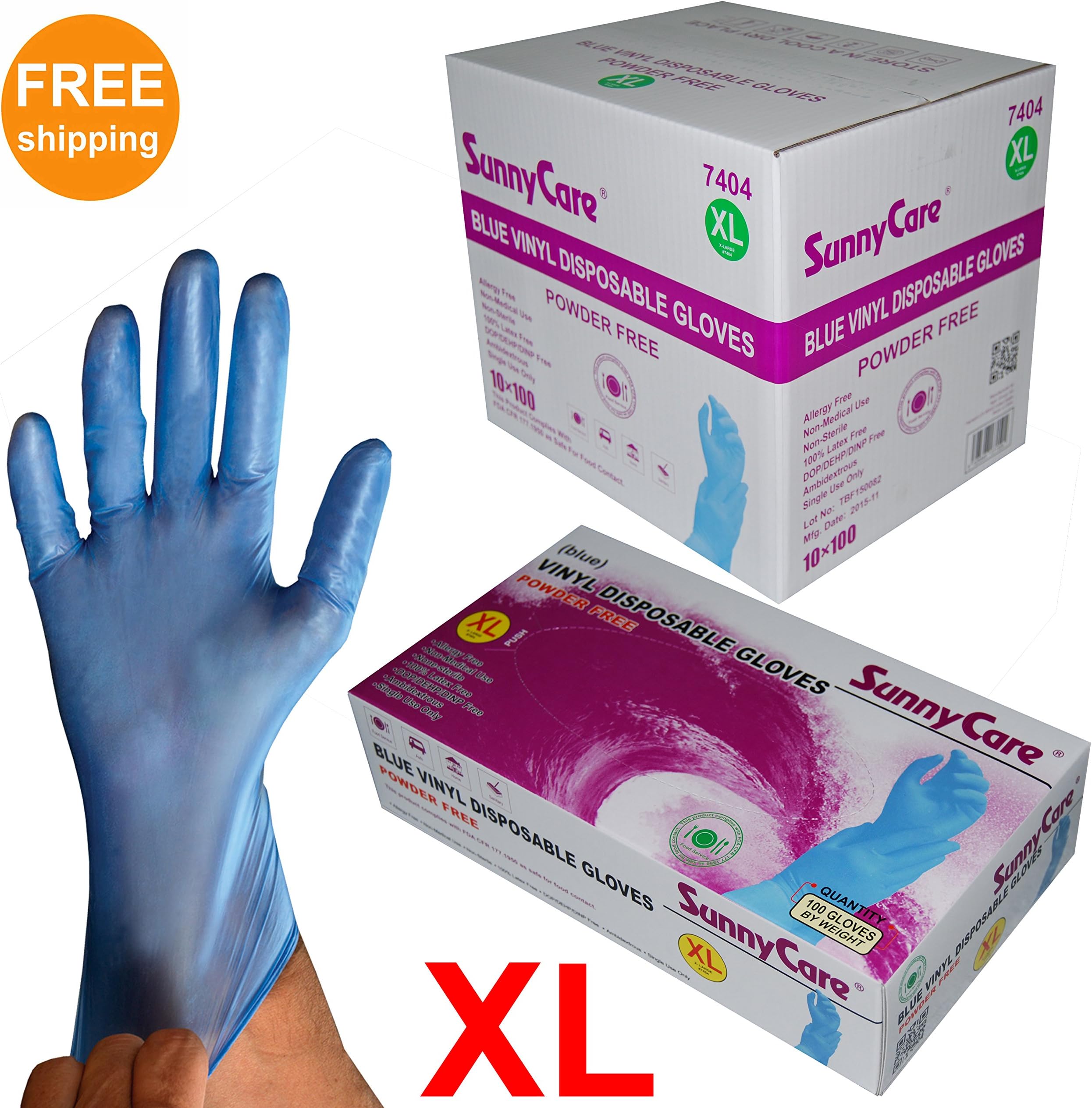 Sunnycare #7404 1000/1case Blue Vinyl Gloves Powder Free (Non Latex Nitrile Exam) X-Large