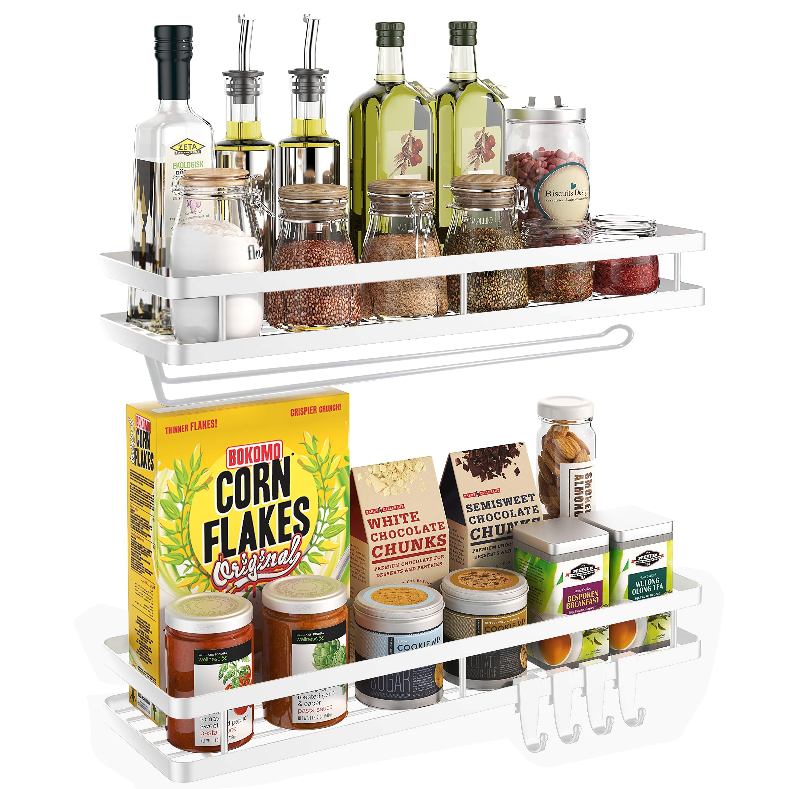 Photo 1 of Spice Rack Organizer Wall Mount - 15.7in 2Pack [Upgraded Version] Hanging Seasoning Organizer Shelf with Paper Towel Holder, Storage for Cabinet or Wall Mounted with 4 Strong Hooks (Rice white)