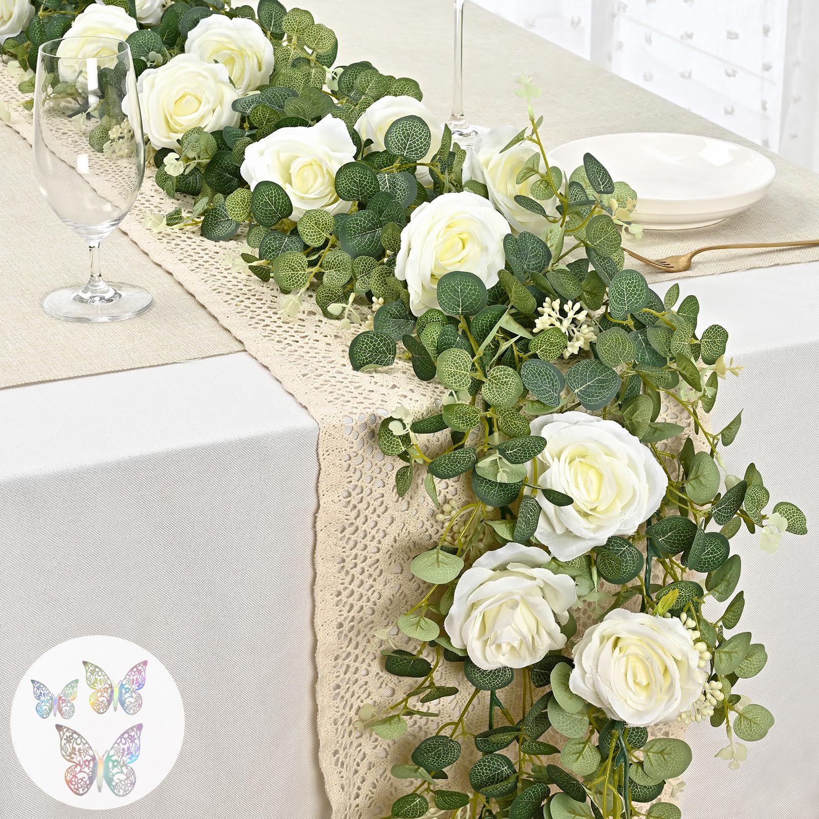 Photo 1 of Yastouay 6.4 Ft Fuller White Flower Garland with Butterfly, Artificial Eucalyptus Garland with Flowers Fake Rose Vine for Table Centerpiece Wedding Arch Baby Shower Party Room Backdrop Decor
