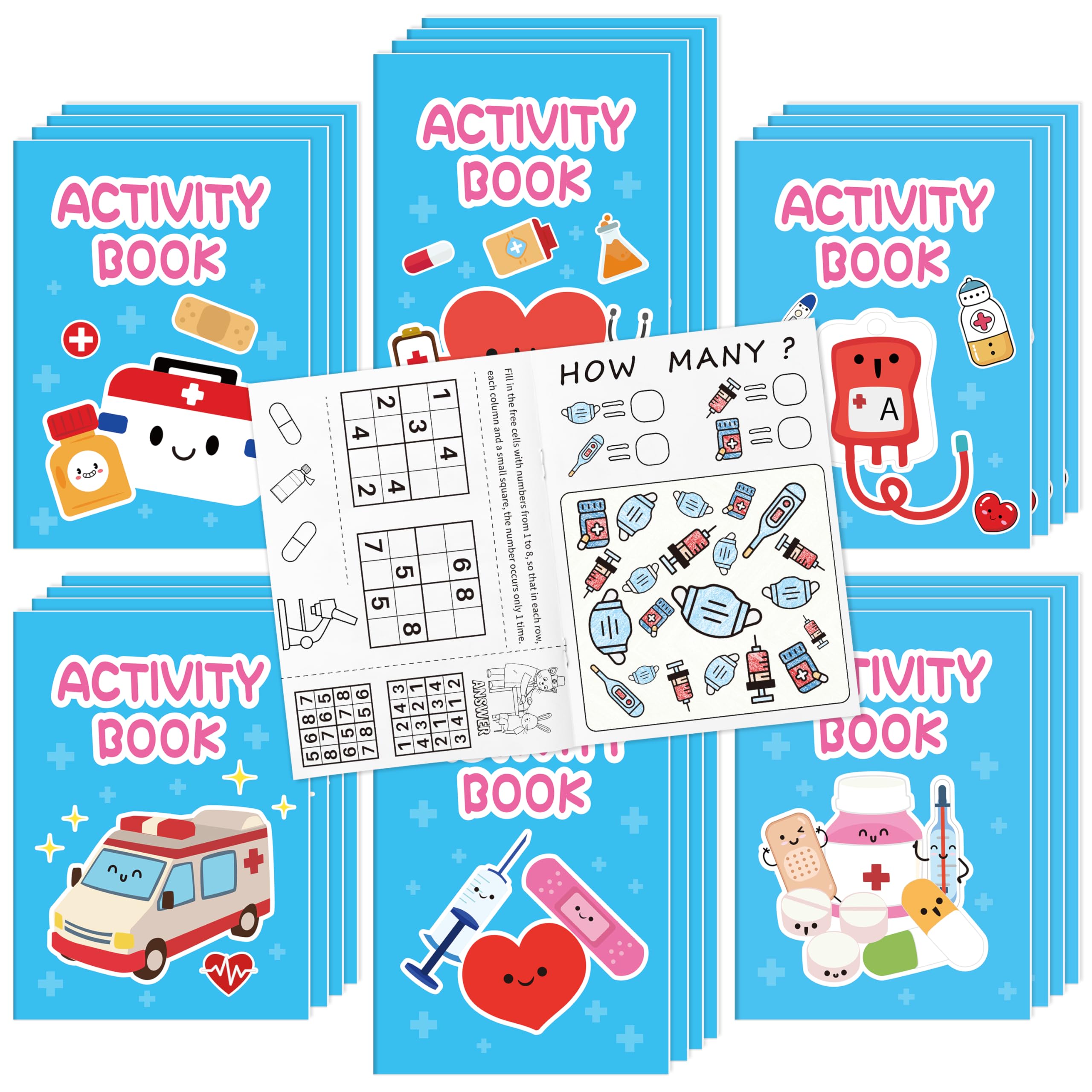 2OOYA 24Pcs Medical Coloring Books for Kids Party Bulk, 6 Styles Cartoon Medical Theme Maze Word, Search Word, Scramble Game DIY Activity Book Color Pages for Classroom Reward Birthday Gift Bag Filler