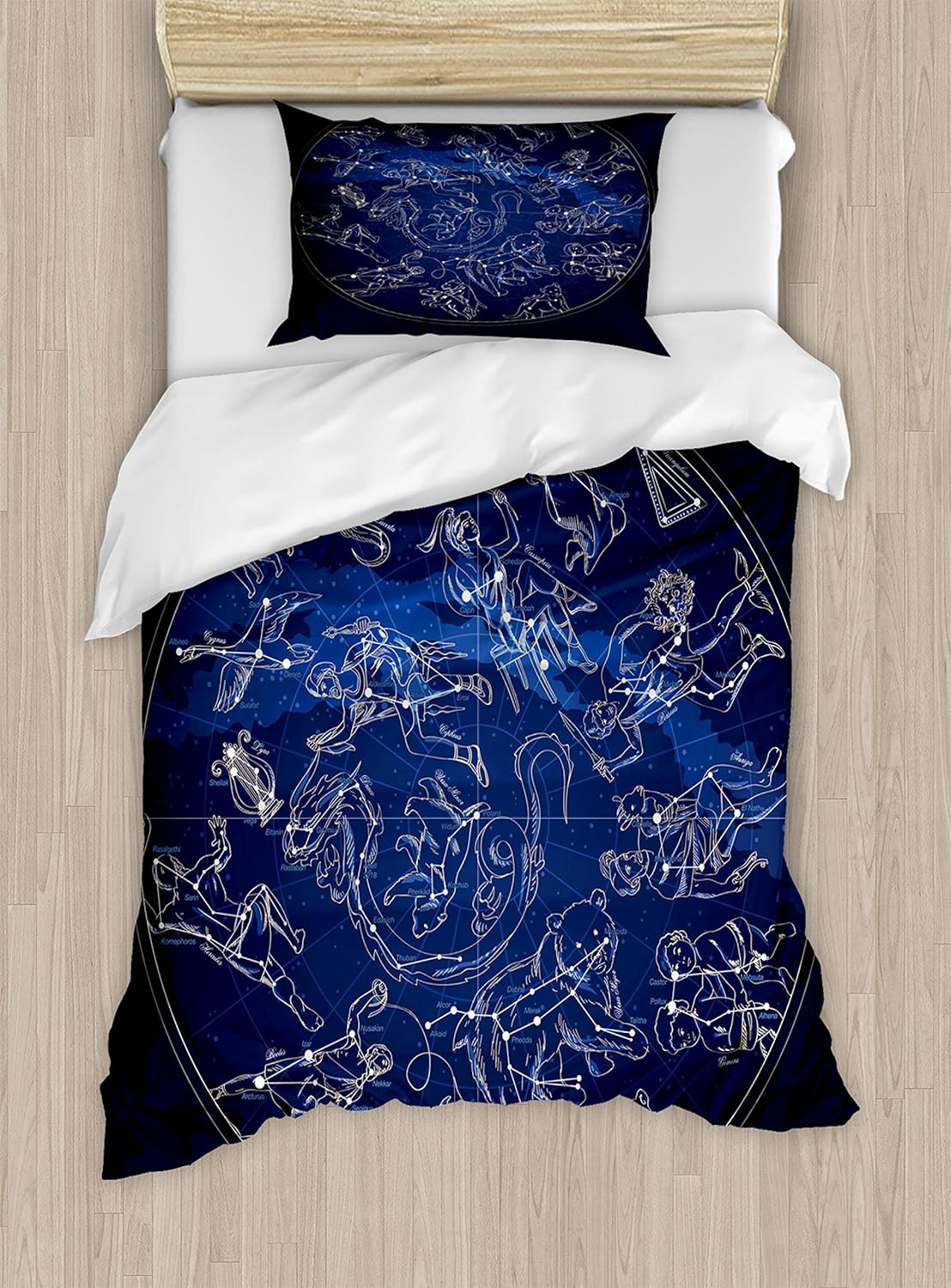 Ambesonne Constellation Duvet Cover Set, Antique Sky Map with Hand Drawn Mythological History Galaxy, Decorative 2 Piece Bedding Set with 1 Pillow Sham, Twin Size, Blue Beige