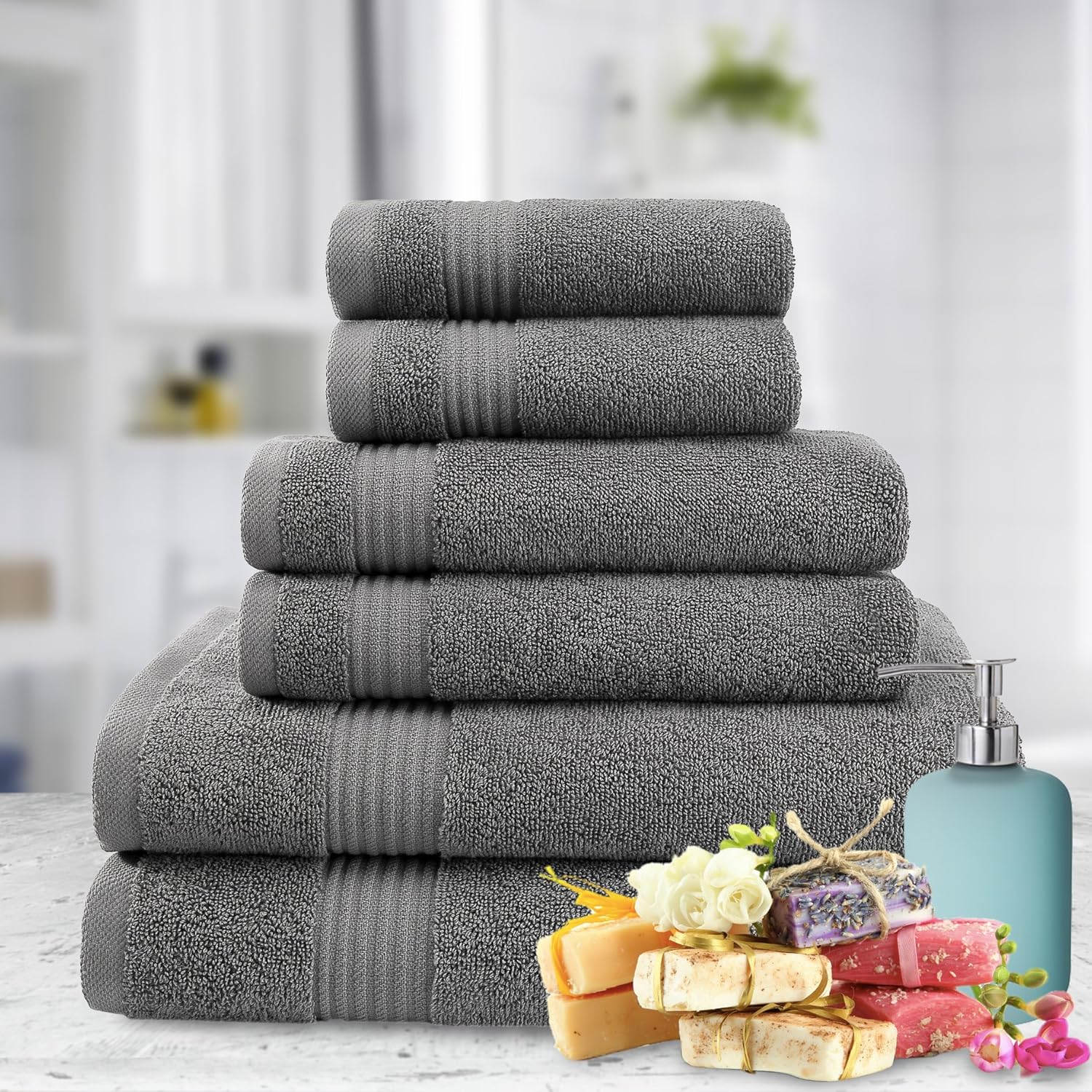 Super Absorbent and Soft Hotel & Spa Quality, Cotton, 6 Piece Turkish Towel Set for Kitchen and Decorative Bathroom Sets Includes 2 Bath Towels 2 Hand Towels 2 Washcloths, Charcoal Grey: Home & Kitchen